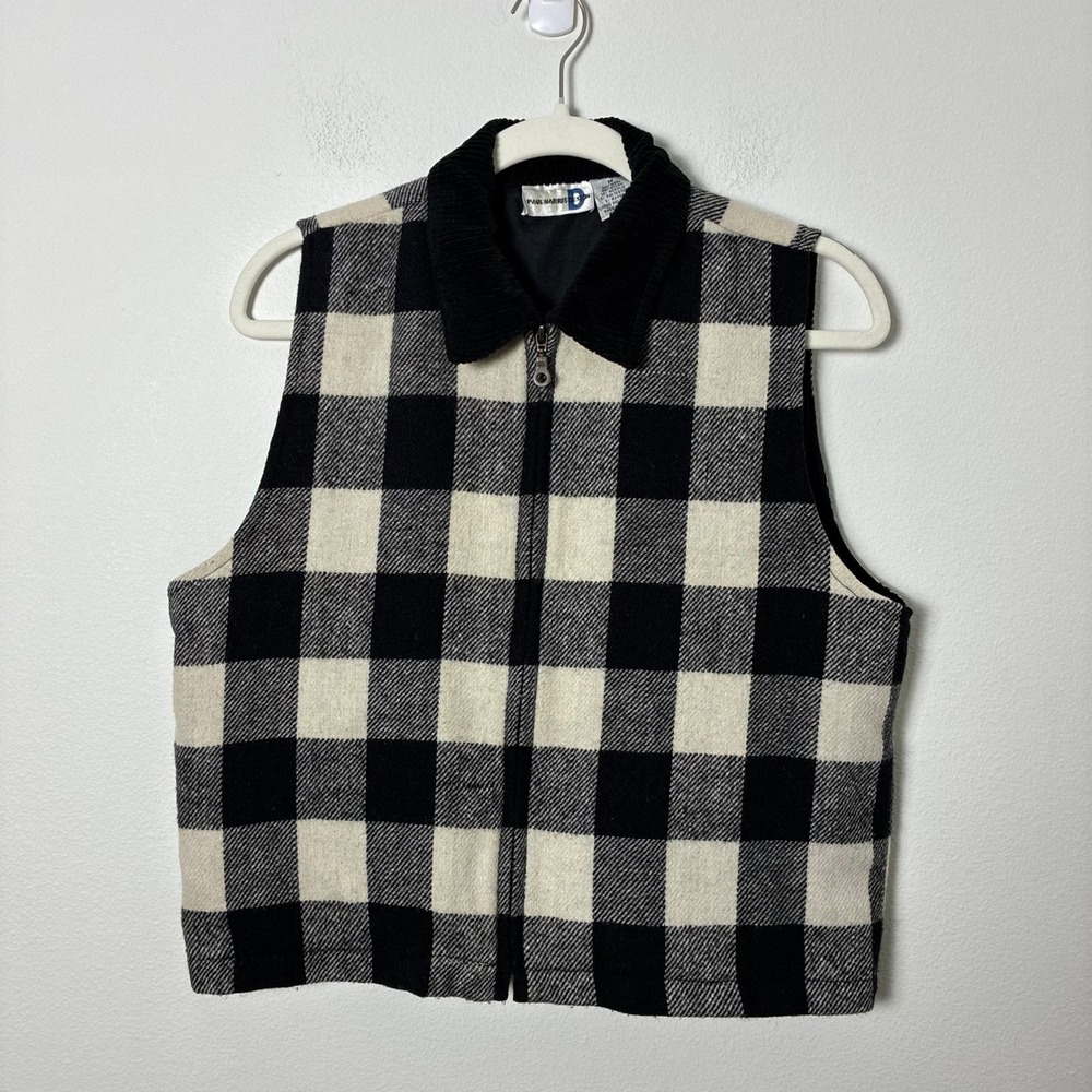 Vintage Paul Harris Design Wool Buffalo Plaid Vest Womens M Corduroy Collar Fall